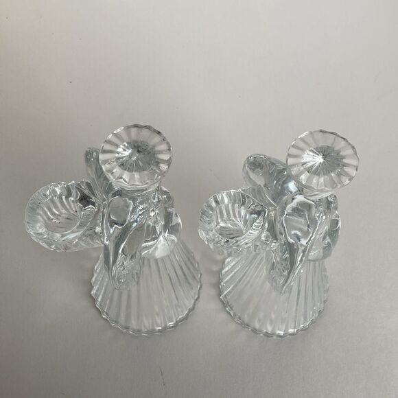 Vintage Clear Glass Lead Crystal Angel Taper Candle Stick Holders Set 2 Holiday - Picture 9 of 15